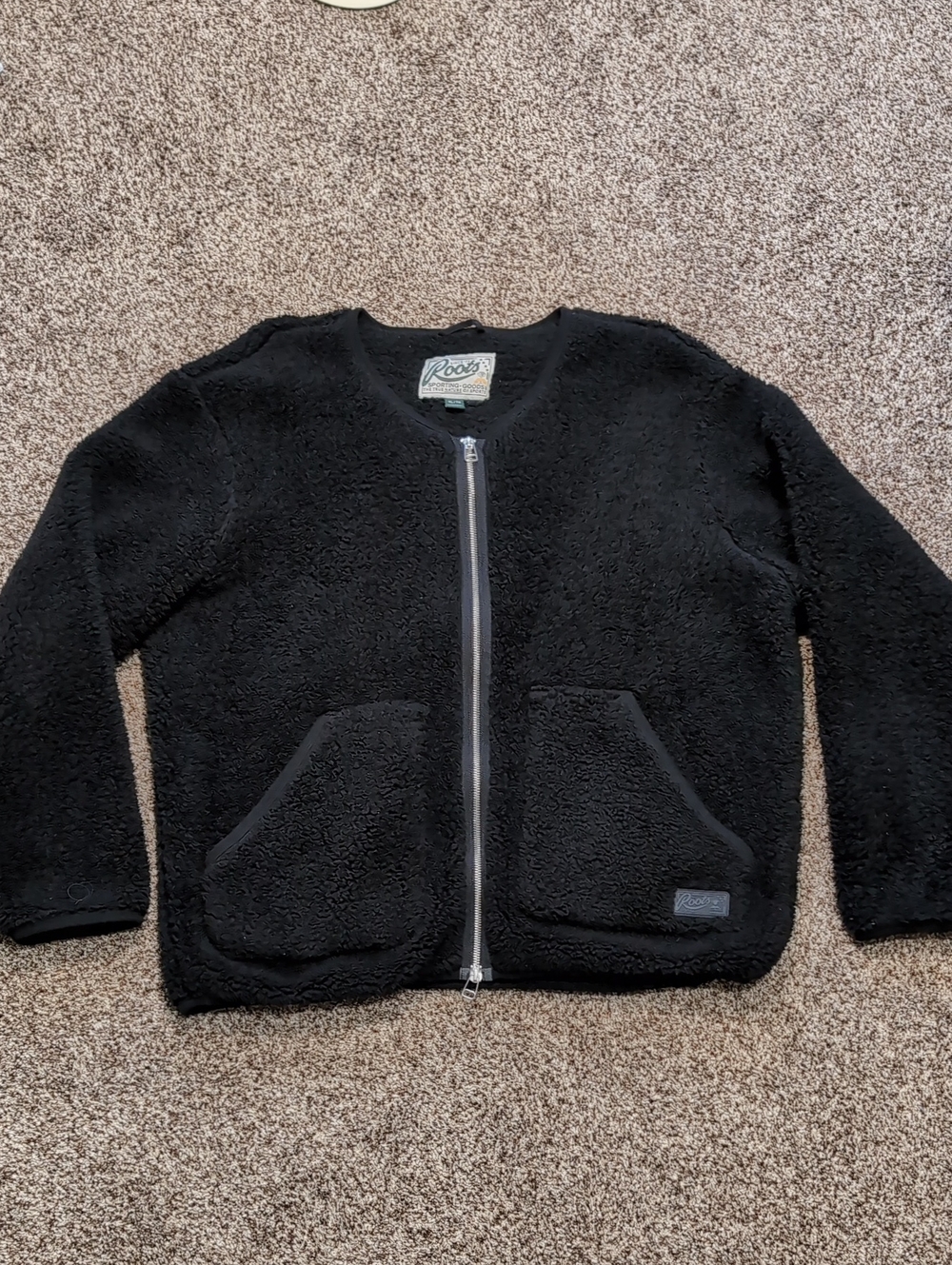 Roots Vintage 90s Sherpa Fleece Jacket Collarless Full Zip Black XL